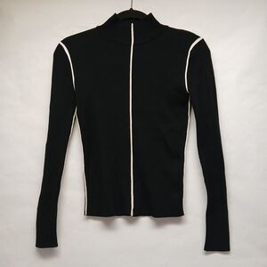 ZARA Women's Black with White Piping Long Sleeve Mock Neck Sweater Size Small